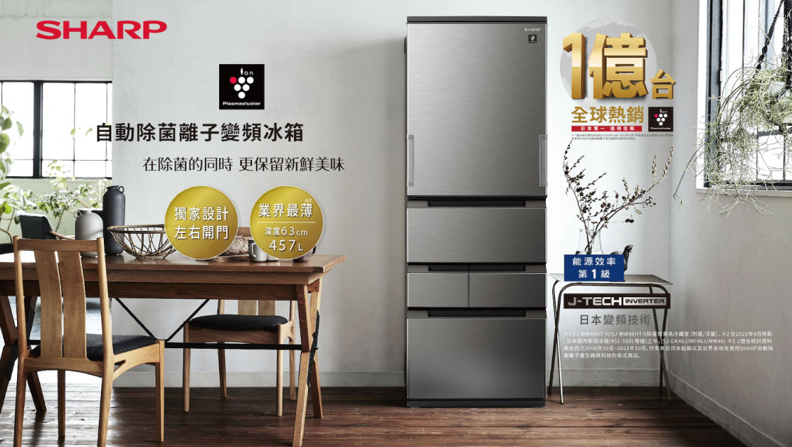 業界最薄的冰箱深度63cm 成家首選自動除菌離子左右開任意門冰箱SJ-MW46HT | SHARP Taiwan